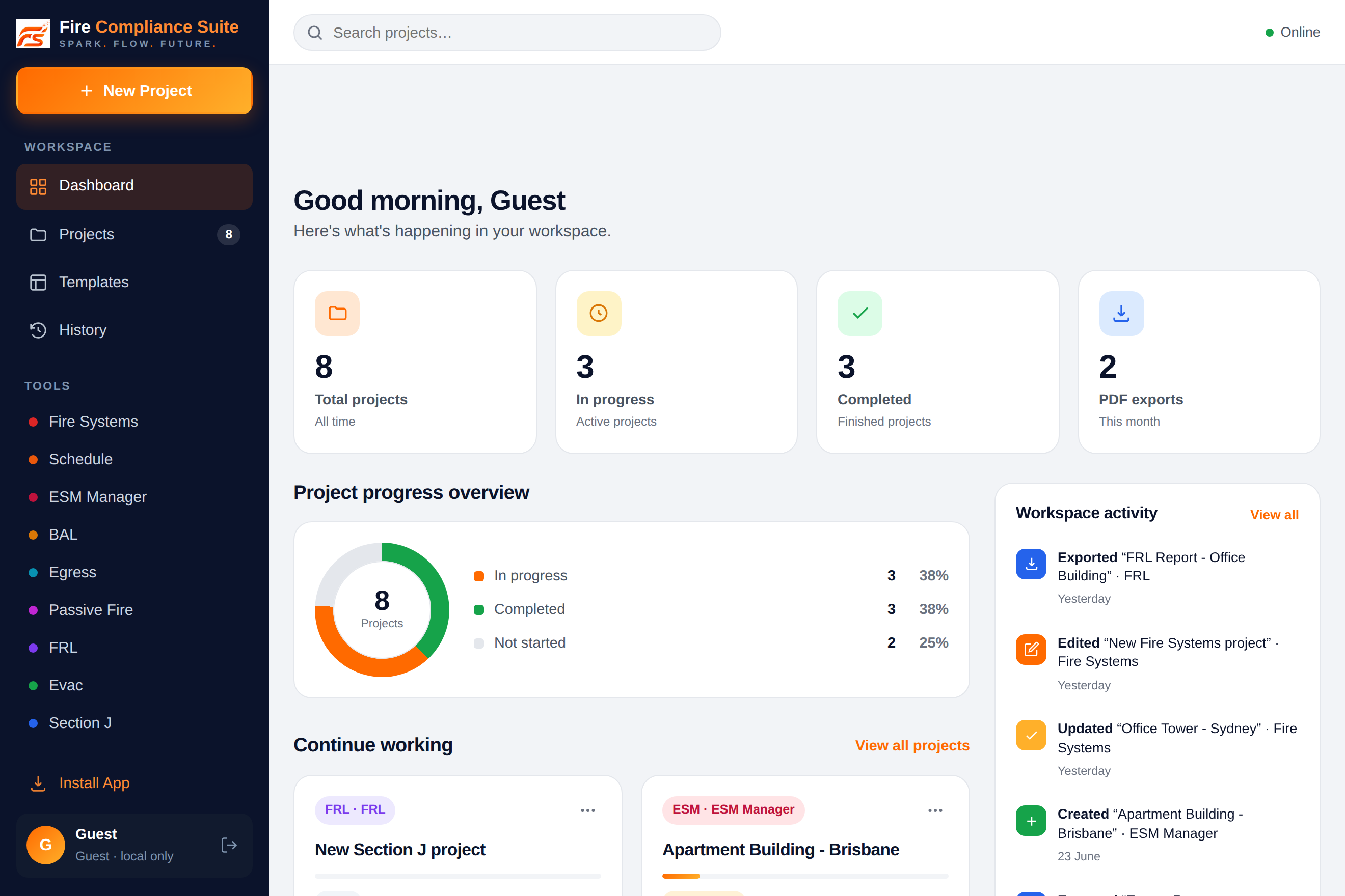 Fire Compliance Suite dashboard - projects, compliance progress and workspace activity