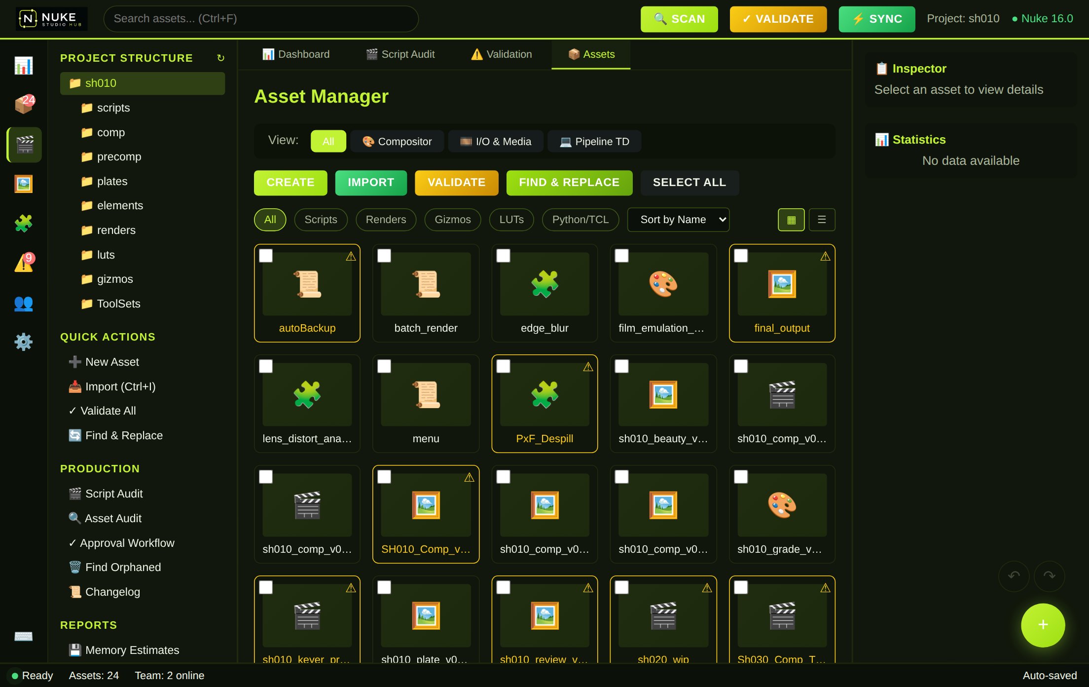 Script/media assets and gizmo inventory