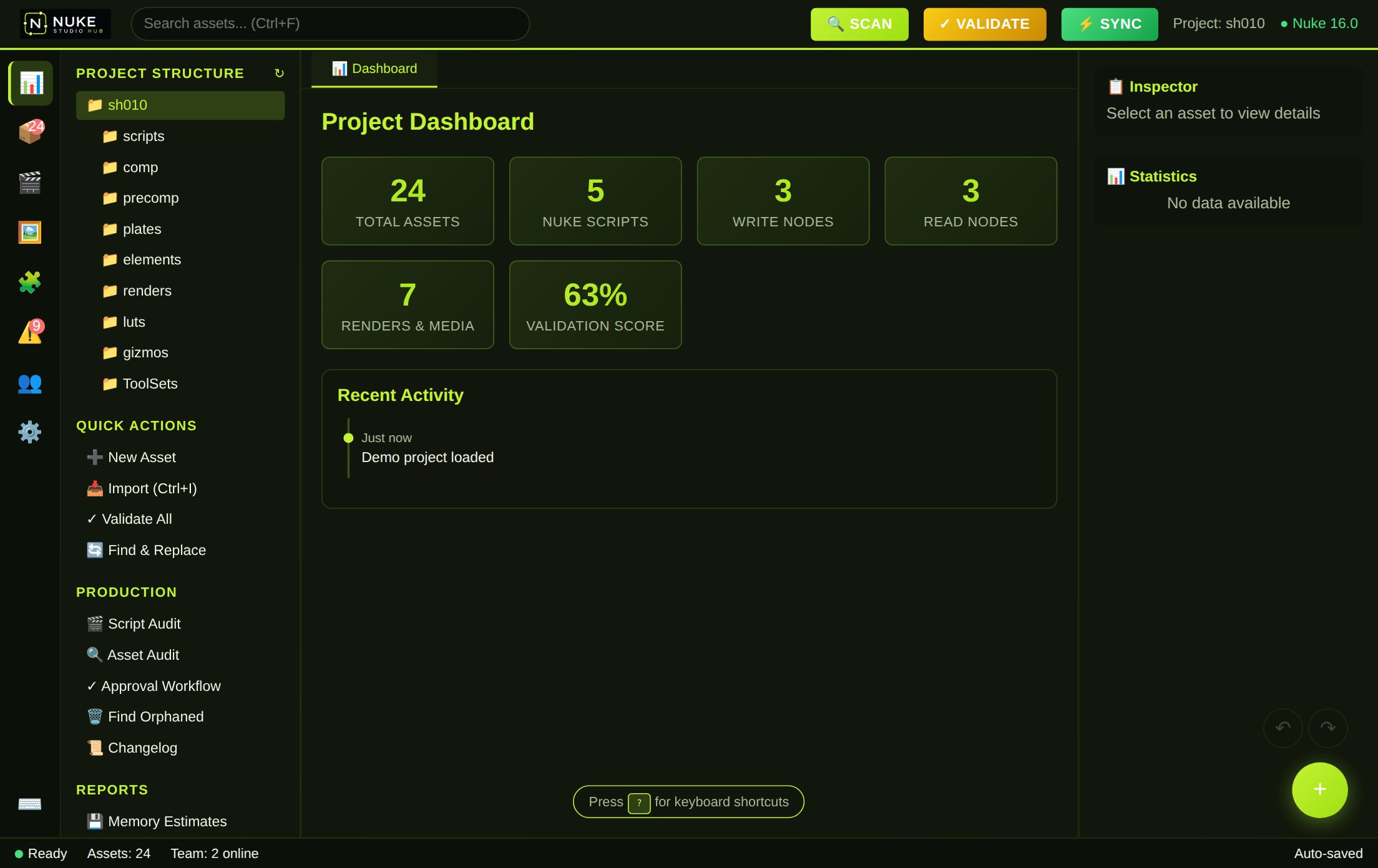 Nuke Studio Hub dashboard; demo .nk project with script-audit summary