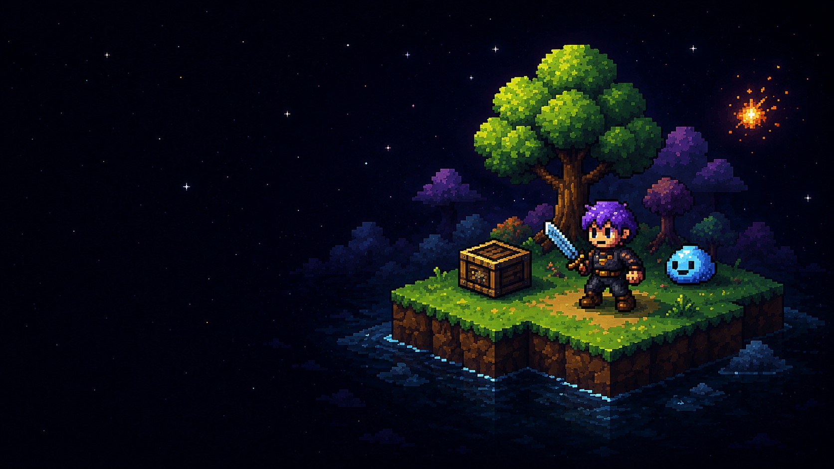 Pixel-art island scene with a hero, treasure chest and slime under a starry night sky