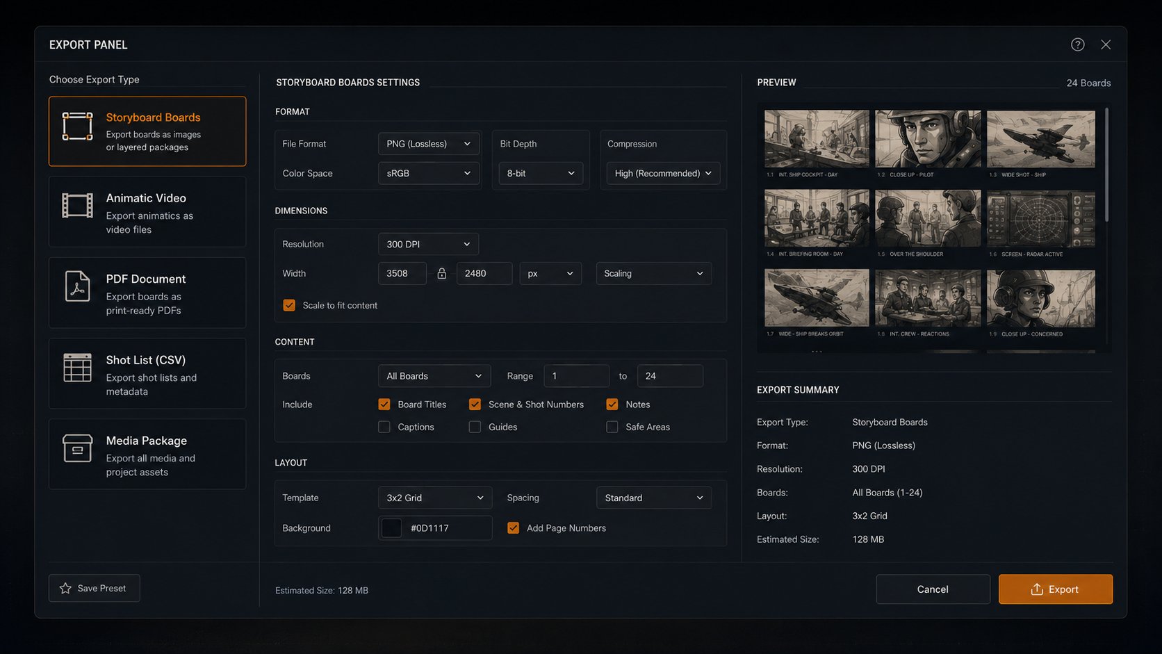 Export panel