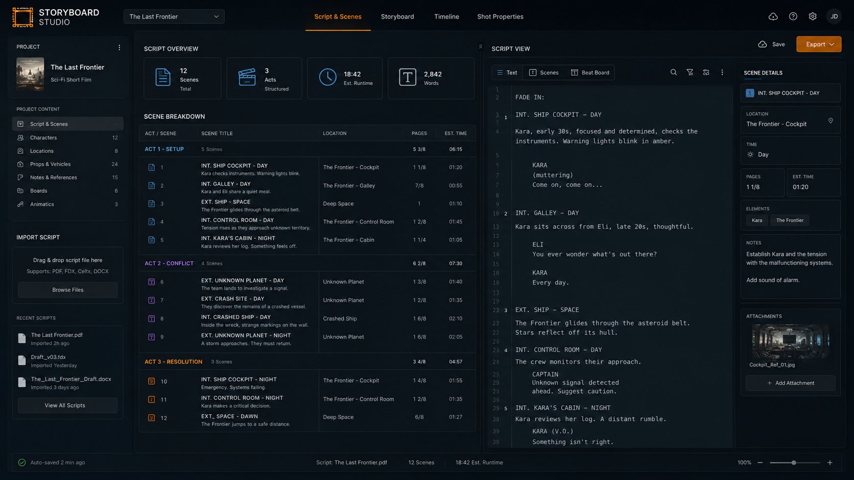 Script & Scenes dashboard