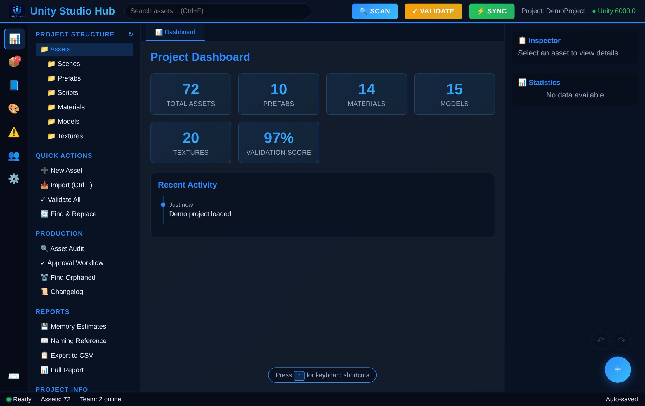 Unity Studio Hub project overview dashboard; assets, naming validation, approvals and team activity over a glowing HUD grid