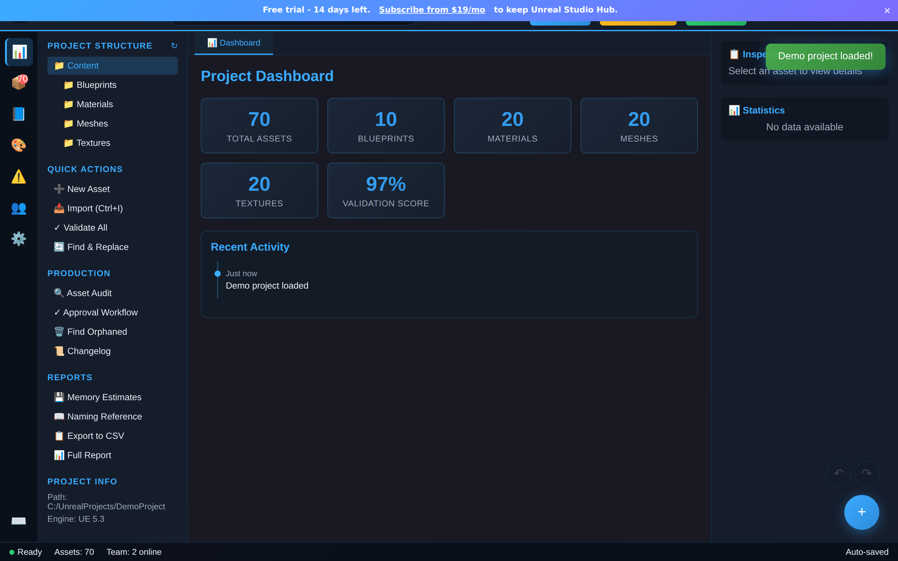 Unreal Studio Hub project dashboard - assets, validation health and team activity